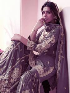 Ensemble Salwar Kameez en soie brodée, style Sharara indien pakistanais pour femmes, avec dupatta, pour mariage, fête, Diwali - Product Image 3
