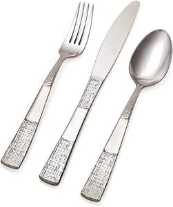 Juego de cubiertos metálicos contemporáneos, elegantes utensilios de acero inoxidable diseñados para una presentación moderna en la mesa de comedor y para el uso diario en la cocina. - Product Image 1