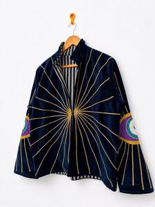 Bohemian Navy <b>Velvet</b> Embroidered Suzani <b>Jacket</b> with Eye Pattern Full Sleeve Stand Collar Handmade Winter Outerwear - Product Image 2