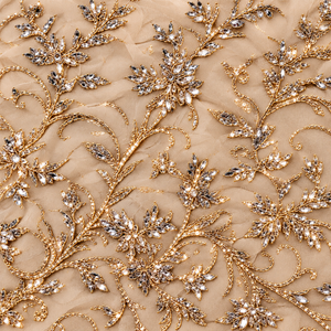 Premium Handmade Crystal Embellished <b>Net</b> Tulle Lace <b>Fabric</b> for Designer Occasion Wear - Product Image 1