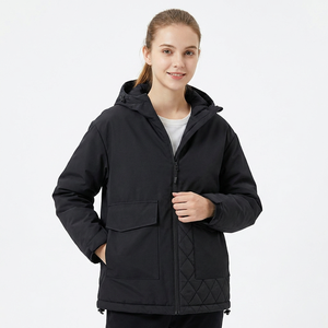 Men's Black Hooded Jacket Zipper Closure Windproof Casual <b>Winter</b> Coat Loose Fit Polyester Wadding Regular Length - Product Image 4
