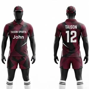 Tenue de rugby pour hommes en tissu interlock polyester premium 260 GSM, marron et noir, avec panneaux géométriques, logo personnalisé, ensemble pour équipe - Product Image 1