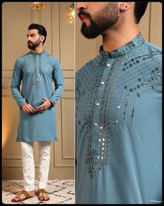 Designer <b>Mens</b> Wear Embroidery And Sequence Work <b>Kurta</b> With Payjama Fully Stitched Ready To Wear Set - Product Image 3