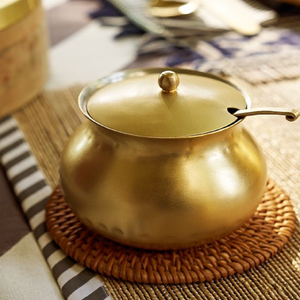 Exquisite hammered brass ghee <b>pot</b> set for ghee or oil storage, it includes a matching spoon. available at wholesale price - Product Image 1