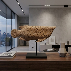 Kerapu Fish Stand Handcrafted <b>Wooden</b> Fish Sculpture <b>Rustic</b> Coastal Tabletop Decorative Artwork Metal Stand Home Decor Accent - Product Image 5
