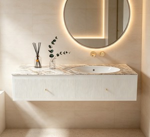 Lavabo Ovalado de Mármol para Baño, Montado en la Pared, con Acabado Pulido, Diseño Minimalista, Fácil de Limpiar, Gabinete Blanco - Product Image 1