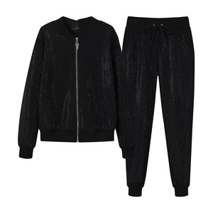 <b>Sparkling</b> Rhinestone Hooded Tracksuit Set Zip Up <b>Jacket</b> Long Sleeve Matching Jogger Pants Gym Fitness Streetwear Outfit - Product Image 1