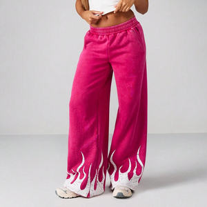 Custom Street Vintage Terry Bell Bottom Loose Screen Printed Casual Wide Leg <b>Women</b> Elastic Waist <b>Jogger</b> Sweatpants OEM ODM - Product Image 1