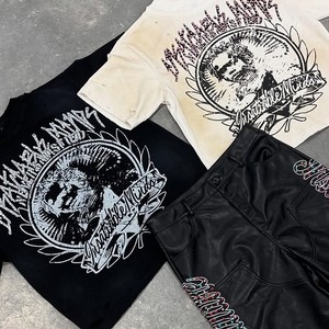 Camiseta Huili 100% Algodón de Verano de Manga Corta con Estampado Personalizado, Estilo Oversize Vintage Lavado y Desteñido con Pedrería - Product Image 4