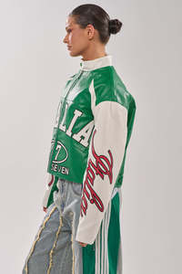 Veste de sport en cuir véritable vert et blanc, en cuir PU, coupe-vent, manches longues, col montant, fermeture éclair, logo imprimé, pour femmes - Product Image 4