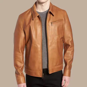 Genuine <b>Leather</b> Moto <b>Jacket</b> Men Autumn Windproof Zipper Closure Turn-down Collar Full Sleeve Casual Outerwear Solid Color - Product Image 1