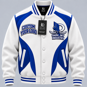 Chaqueta Varsity Blanca y Azul para Hombre, con Logotipo Estampado, Estilo Preppy, Transpirable, Cuello Alto, para Otoño, Corte Regular, Cierre de Botones - Product Image 1