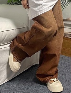 Pantalon en jean marron délavé coupe ample et large pour homme grande taille, style streetwear décontracté, taille mi-haute, 100 % coton tissé - Product Image 2