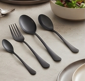 Ensemble d'ustensiles de table en métal noir mat avec pince, spatule, cuillère, fourchette et cuillère de service, design minimaliste, compatible lave-vaisselle, pour le camping - Product Image 3