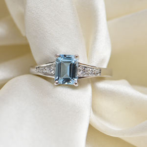 <b>Emerald</b> Cut Blue Topaz Gemstone <b>Ring</b> 925 Sterling <b>Silver</b> Luxury Engagement Wedding Anniversary Women Third Party Appraisal - Product Image 1