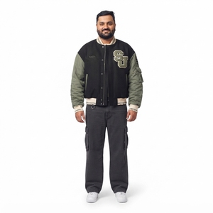 SAJZA Kinetic Forge Heavyweight Thermal Melton Wool <b>Varsity</b> <b>Bomber</b> <b>Jacket</b> <b>Men</b> Patchwork Front Crinkle Chenille Patch Nylon - Product Image 1