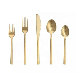 Ensemble de couverts modernes en acier inoxydable doré mat, fourchette, couteau, cuillère à dessert, pour mariage, prix de gros - Product Image 1