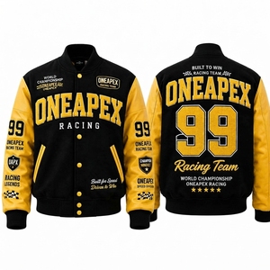 เสื้อแจ็คเก็ตผ้าแคนวาสสีดำเหลืองสำหรับผู้ชาย สไตล์นักแข่งรถ  แบบ Letterman Bomber  พร้อมโลโก้ด้านหน้า  เสื้อผ้าสตรีทแวร์ขายส่ง - Product Image 1