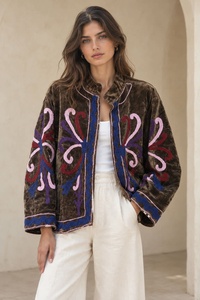 Chaqueta de Terciopelo Marrón para Mujer, Bordada con Flores, Estilo Y2K, Cuello Camisero, Abrigo de Otoño para Mujer, Abrigo de Terciopelo Marrón - Product Image 4