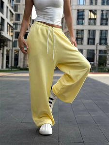 Pantalon Harem Jaune Femme Taille Haute Élastique Coupe Ample Longueur Intégrale Décontracté Automne 100% Coton Tricoté Respirant Uni Large - Product Image 2