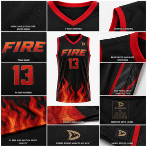 Camiseta sin mangas con cuello en V Fire Basketball para hombre, 13 estampados sublimados, malla transpirable, ajuste atlético, para todas las estaciones - Product Image 6