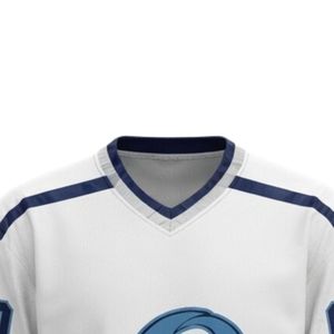Men White Navy Blue Sublimated Ice Hockey Jersey Shorts Set Polyester V Neck <b>Athletic</b> Uniform Training Sports Apparel - Product Image 4