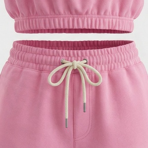 Women's Pink Sleeveless Crop <b>Top</b> and Shorts Set Crew Neck Solid Color Casual Sportswear Above Knee Knitted Spandex Cotton 2 - Product Image 5