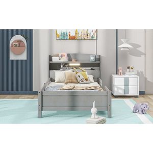 Letto a piattaforma in legno grigio antico per bambini, con luci LED integrate, testiera contenitore e sponda di protezione - Product Image 6