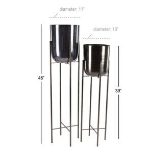 Juego de 2 Macetas Metálicas Contemporáneas Plateadas Más Vendidas con Soporte para Decoración del Hogar y Jardín, Macetas Metálicas Modernas - Product Image 1
