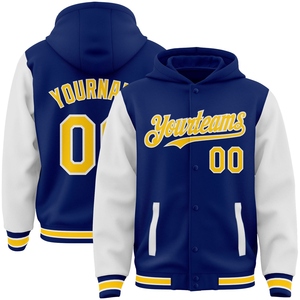 เสื้อแจ็คเก็ตฮู้ดดี้แบบมีฮู้ดสองสี รุ่น Varsity Letterman สีเหลือง-ขาว แบบกระดุมเต็มตัว สั่งทำได้จากโรงงาน OMMIZ INDUSTRY ขายส่งโดยตรง - Product Image 1