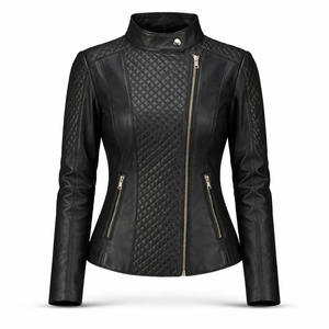 Chaqueta de Moto de Cuero Sintético PU Negra para Mujer, Cuello Alto, Cierre de Cremallera, Corte Ajustado, Uso Otoñal, Manga Regular, Color Sólido - Product Image 1