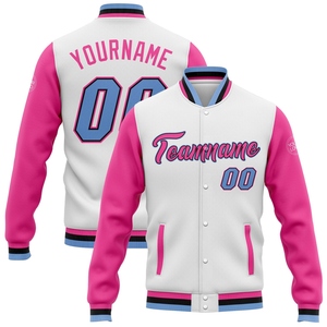 Wholesale Direct OMMIZ INDUSTRY Custom White Light Blue <b>Pink</b>-Black Bomber Full-Snap Varsity Letterman Two Tone <b>Jacket</b> - Product Image 1