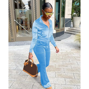 Ensemble de survêtement deux pièces en velours bleu pour femme, manches longues, taille haute, fermeture éclair sur le devant, style streetwear, printemps-été, sexy, style club - Product Image 5