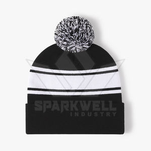 Sparkwell Industry Bonnet tricoté unisexe à rayures noires et jaunes avec pompon, casquette d'hiver décontractée pour adulte 56-58CM - Product Image 3