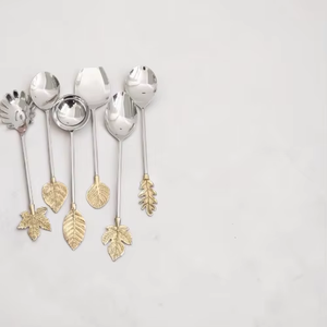 Cuillères de service multifonctionnelles en métal écologiques à motif de feuilles avec bol en céramique, ensemble d'ustensiles de cuisine de style nordique moderne - Product Image 6