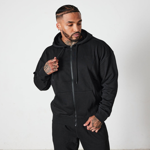 Men's <b>Black</b> <b>Zip</b> <b>Hoodie</b> Regular Fit Solid Color Casual Hooded Sweatshirt French Terry Cotton Autumn Wear - Product Image 1