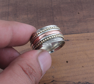 Wholesale 925 Sterling <b>Silver</b> Brass <b>Spinner</b> <b>Ring</b> Two Tone Dotted Meditation Band Handmade Anti-Stress Fidget <b>Ring</b> for Men - Product Image 4