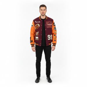 Chaqueta Varsity Marrón para Hombre con Mangas Naranjas, Diseño de Parche Bordado con el Número 99 en el Frente, Ropa Casual de Otoño - Product Image 2
