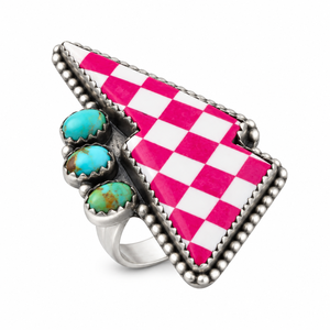 Pink Lightning <b>Bolt</b> Stretch Ring Turquoise Western Rose <b>Thunder</b> Boho Style Handmade Statement Jewelry - Product Image 2