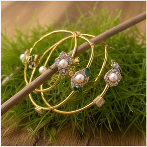 Gold Plated Copper <b>Bangle</b> <b>Bracelet</b> with Zircon and Pearl Bezel Setting - Product Image 2