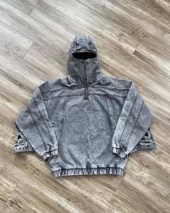 Sweat-shirt à capuche pour homme Salati Clothing Manufacturer Y2K, style balaclava ninja, avec impression 3D en relief, effet vieilli, délavé à la pierre et à l'acide. - Product Image 1