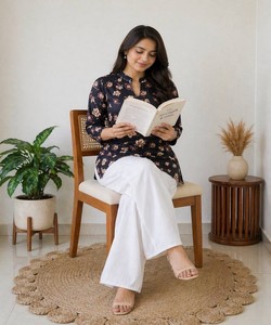 FANCY RAYON DIGITAL PRINT WORK <b>TOP</b> PALAZZO SET OFFICE WEAR WHOLESALE PRICE ETHNIC GARMENT BLUE WHITE - Product Image 2