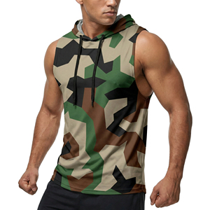 Custom Bulk Camouflage Printed Muscle Tank Top Sleeveless Hoodie <b>Men's</b> Gym Workout Casual Wear <b>Pouch</b> Wholesale Price Tank Tops - Product Image 6