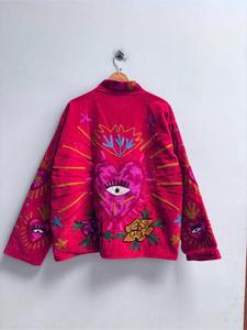 เสื้อแจ็คเก็ตกำมะหยี่สีชมพูปักลายซูซานี พร้อมลายหัวใจและลายดอกไม้ แขนยาว คอตั้ง สไตล์โบฮีเมียน เสื้อคลุมฤดูหนาว - Product Image 2