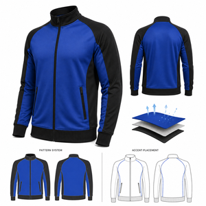 Blouson de sport pour homme, bleu et noir, style color block, fermeture éclair, col montant, en polaire polyester, personnalisable OEM - Product Image 2