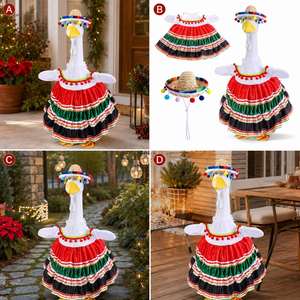 Décoration de jardin et de véranda : Statue de canard de Noël avec tenue de Fiesta mexicaine, sombrero en paille et jupe rouge et verte - Product Image 2