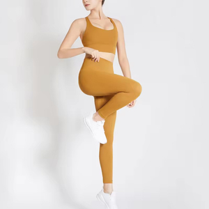 Women's Seamless High Waist Full Length Leggings Solid Yellow Yoga Set Racerback <b>Crop</b> <b>Top</b> Two Piece Activewear - Product Image 3