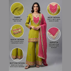 Traje Palazzo de Cristal Romano con Bordado de Espejo y Dupatta con Estampado Kota de Aarika Textile - Product Image 1