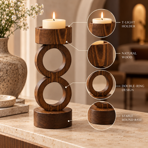Wooden <b>T</b> <b>Light</b> <b>Candle</b> Holder Double Ring Tealight Stand Rustic Table Decor Natural Grain Pedestal Accent | Freestanding Ornament - Product Image 2