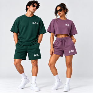 Conjuntos de camiseta y pantalones cortos de streetwear personalizados para parejas, camiseta azul verdoso extragrande para hombre, pantalones cortos, camiseta corta lila morada para mujer, conjunto de pantalones cortos. - Product Image 4